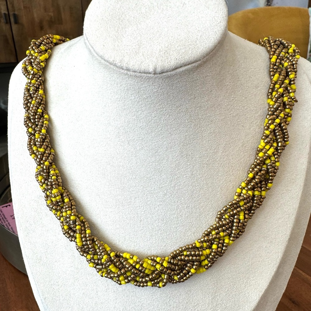 Artisan Braided Seed Bead Necklace- Gold & Chartreuse